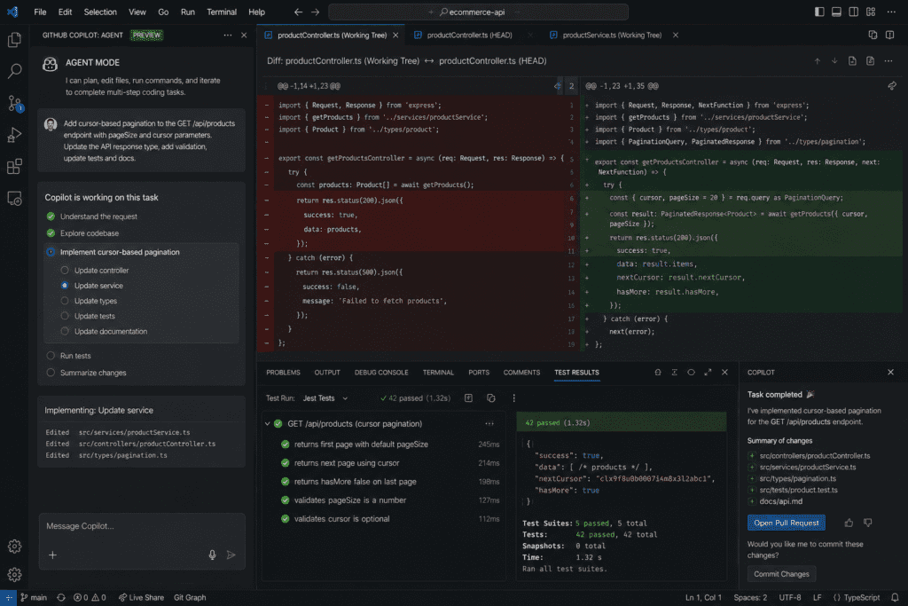 GitHub Copilot Agent Mode interface in VS Code showing autonomous multi-step coding task execution with diff view and test results
