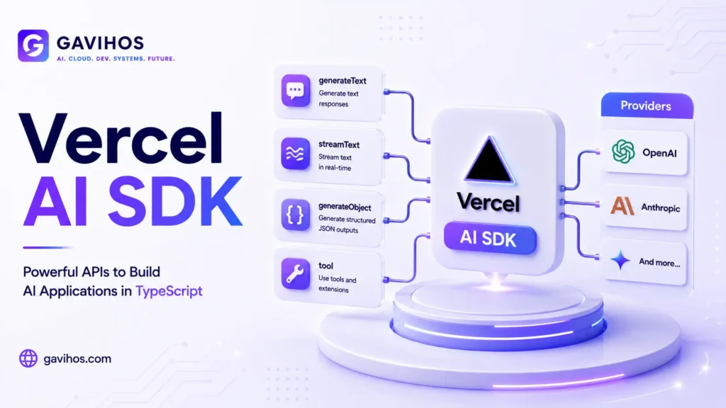 Vercel AI SDK Complete Guide: How to Build AI Applications in TypeScript 3 Vercel AI SDK architecture diagram showing generateText, streamText, generateObject, and tool use functions with provider adapters for OpenAI and Anthropic