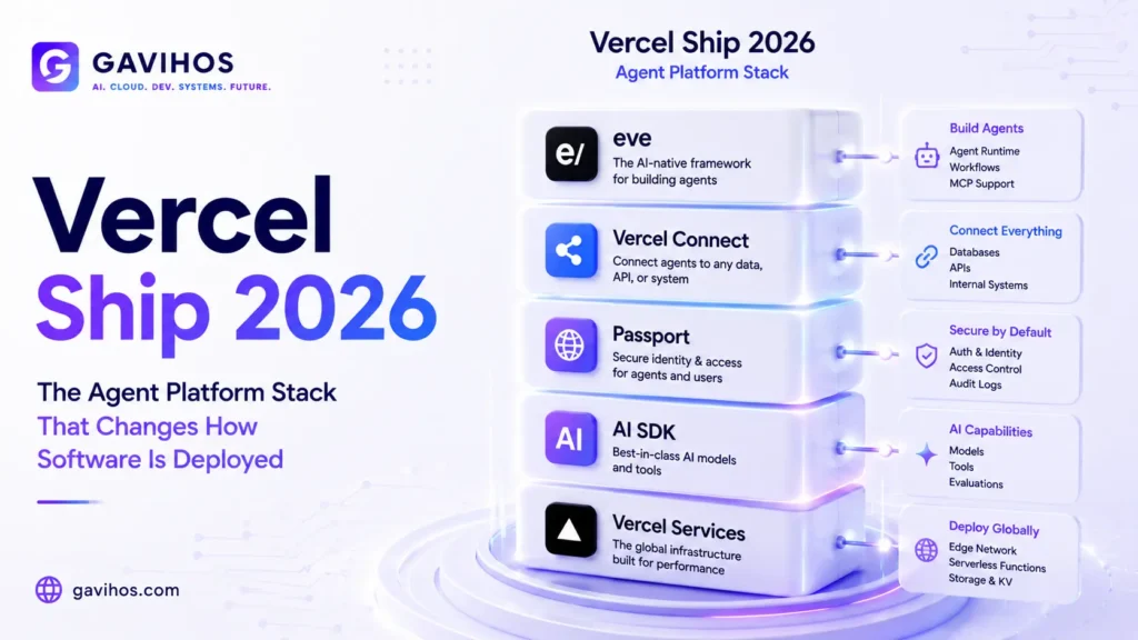 Vercel Ship 2026: The Agent Platform Stack That Changes How Software Is Deployed 3 Vercel Ship 2026 Agent Stack diagram showing eve framework, Vercel Connect, Passport, AI SDK, and Vercel Services components for agent deployment