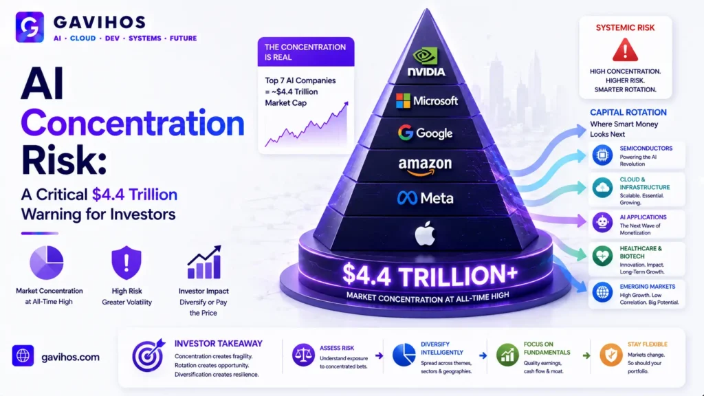 AI Concentration Risk: A Critical $4.4 Trillion Warning for Investors 3 Diagram showing investor capital rotating away from concentrated AI mega-cap exposure toward diversified sectors