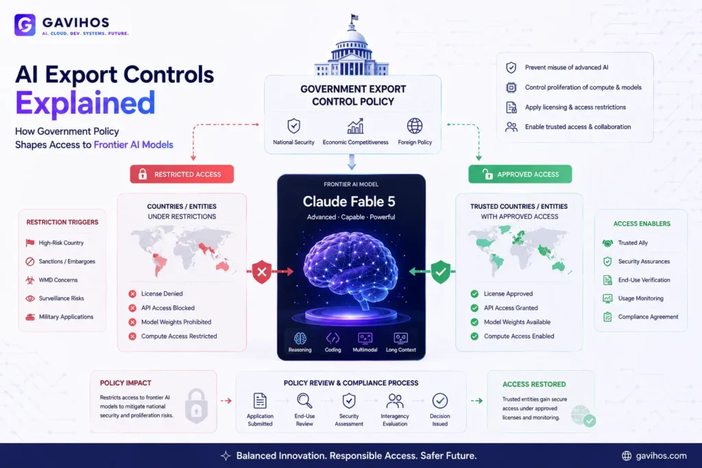 AI Export Controls Explained: How Government Policy Shapes Model Access 3 Diagram showing how government export control policy restricts and restores access to frontier AI models like Claude Fable 5