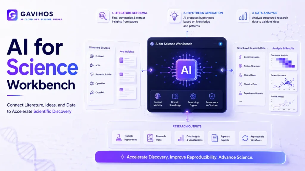 What Is AI for Science? Complete Guide to AI Research Workbenches 3 Diagram showing an AI for science workbench connecting literature retrieval, hypothesis generation, and structured research data analysis