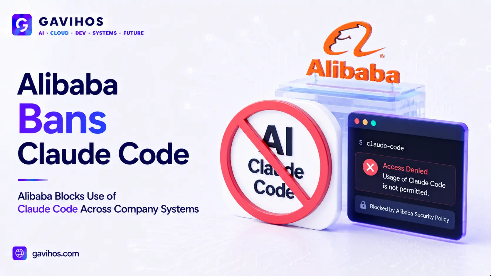 Illustration representing Alibaba banning Anthropic's Claude Code amid a security and AI model dispute