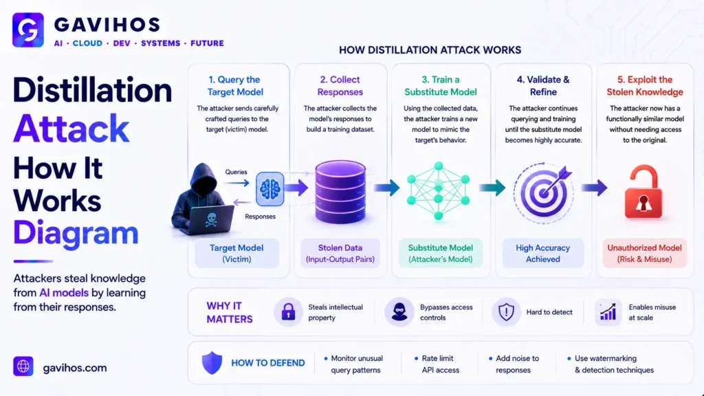 What Is a Distillation Attack? The Practical Guide to How AI Models Get Copied 3 Diagram of a model extraction attack showing queries collected from an API to train a copycat AI model
