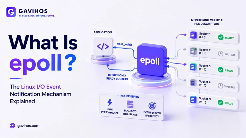 What Is epoll? The Linux I/O Event Notification Mechanism Explained 3 Diagram showing epoll monitoring multiple Linux file descriptors and returning only ready sockets