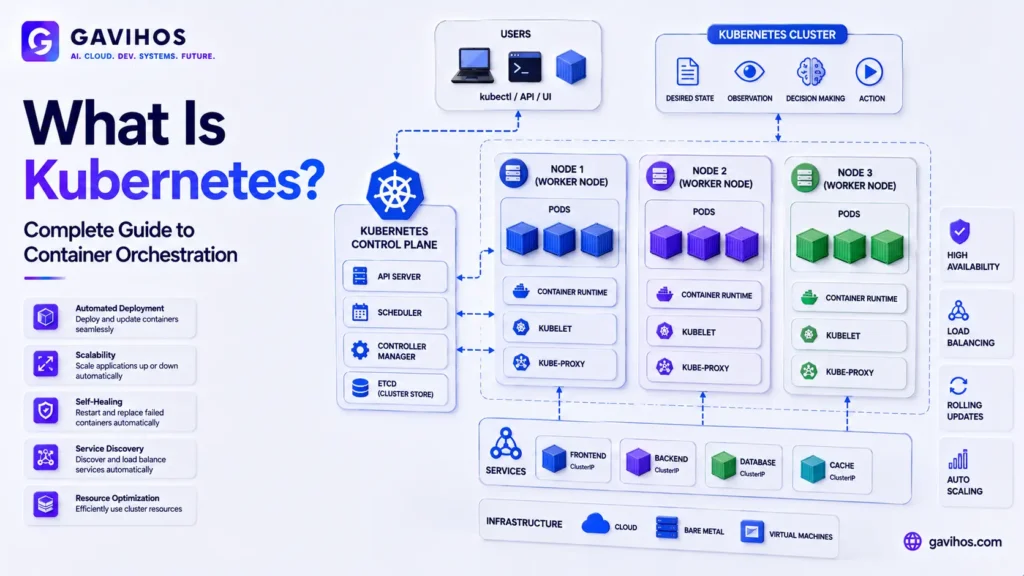 What Is Kubernetes? Complete Guide to Container Orchestration 3 Diagram showing Kubernetes orchestrating containers across multiple nodes in a cluster