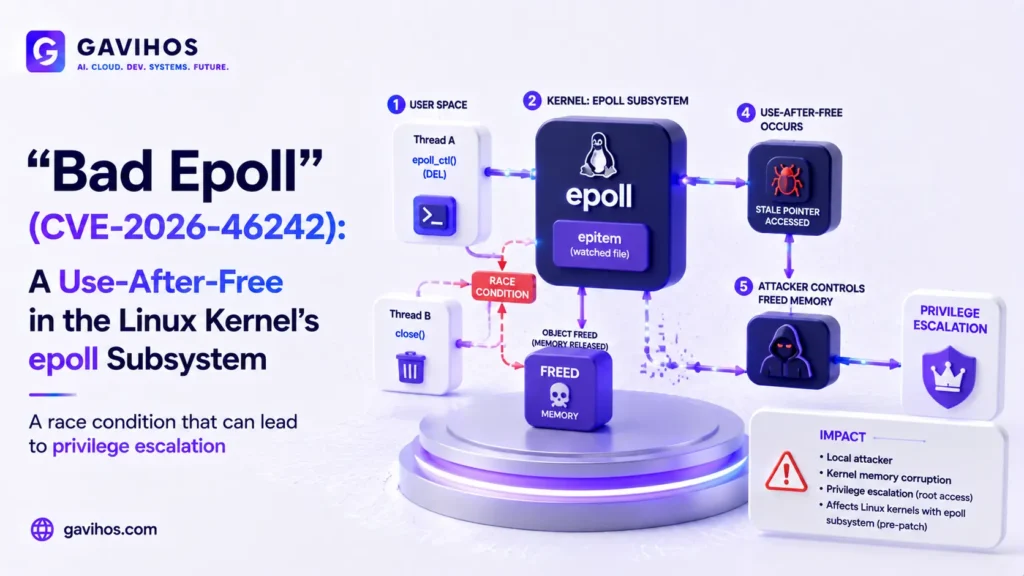 "Bad Epoll" (CVE-2026-46242): A Use-After-Free in the Linux Kernel's epoll Subsystem 3 Diagram illustrating a use-after-free race condition in the Linux kernel epoll subsystem leading to privilege escalation