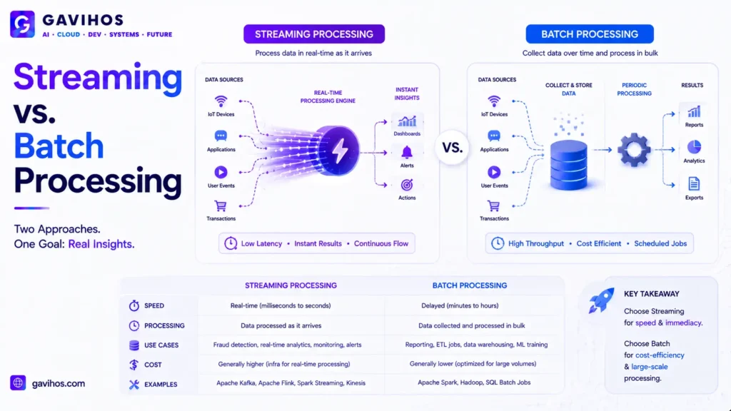 What Is Real-Time Data Processing? Streaming vs. Batch Explained 3 Diagram comparing real-time streaming data processing with scheduled batch processing