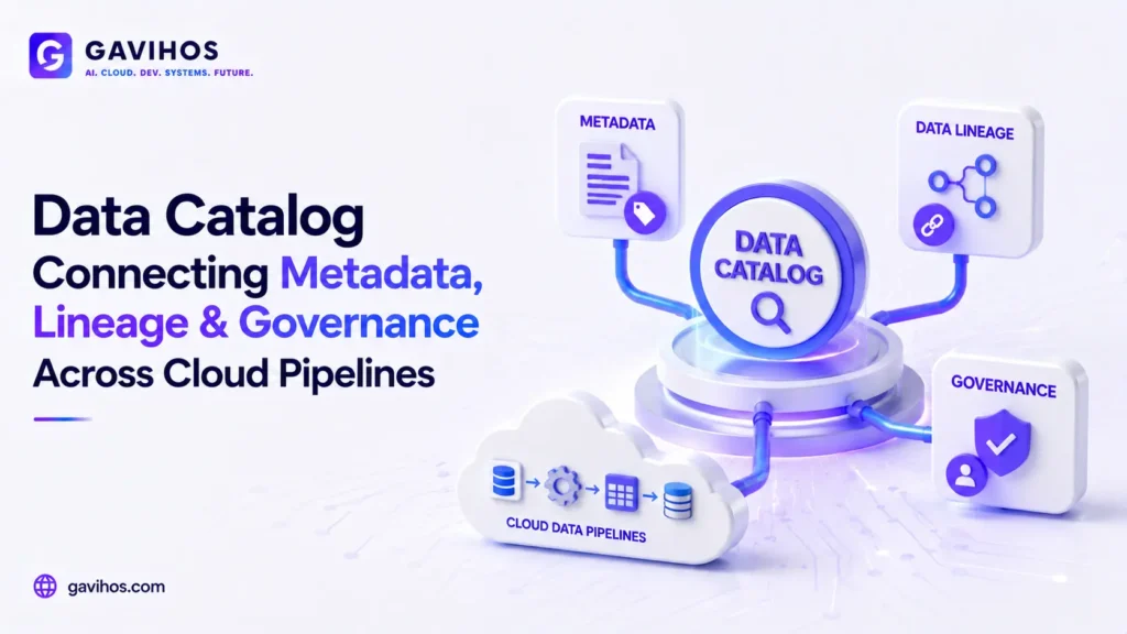 Diagram showing a data catalog connecting metadata, data lineage, and governance across cloud data pipelines