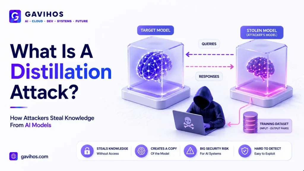 What Is a Distillation Attack? The Practical Guide to How AI Models Get Copied 2 Illustration showing a distillation attack where one AI model copies another model's knowledge through its outputs