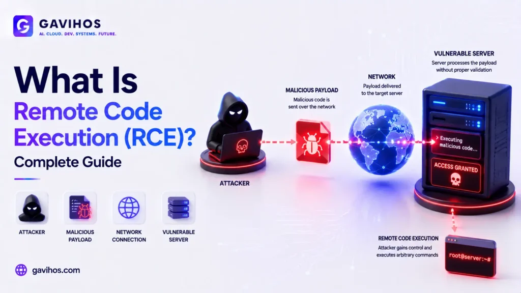 What Is Remote Code Execution (RCE)? Complete Guide 3 Diagram showing an attacker sending a malicious payload over the network to trigger remote code execution on a server