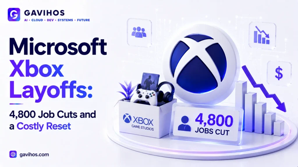 Microsoft Xbox Layoffs: 4,800 Job Cuts and a Costly Reset 3 Xbox restructuring and studio spinoffs shown alongside a game controller representing the affected gaming division